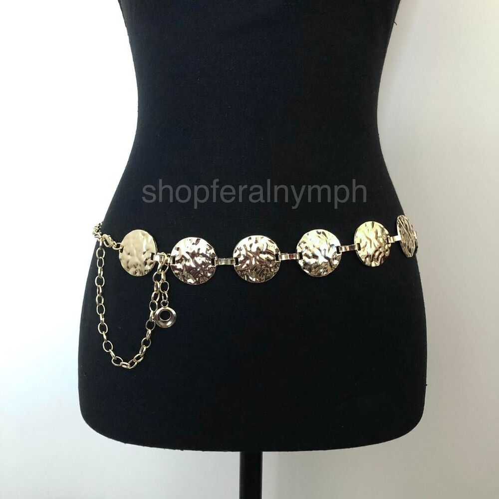 Y2K Boho Gold Hammered Disc Coin Chain Belt, Fits 24.5–42 Inches, X7GA1153